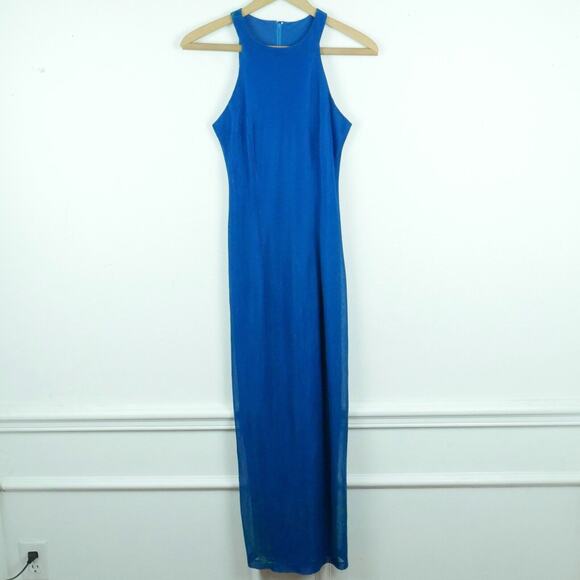 Vintage 3 4 Prom Dress 90s Y2K Blue Green Iridiscent Shiny Metallic Column Maxi - Picture 1 of 11
